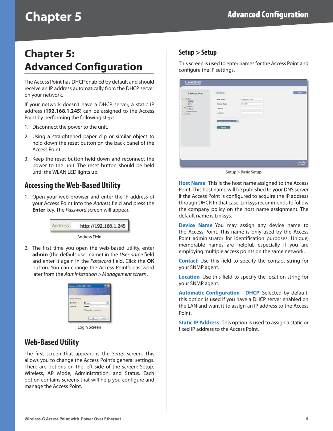 Linksys WAP2000 manual Chapter Advanced Configuration, Accessing the Web-Based Utility, Setup Setup 