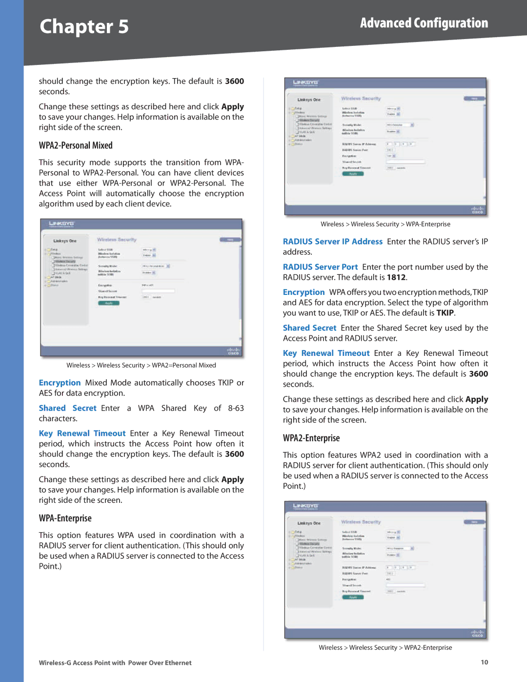 Linksys WAP2000 manual WPA2-Personal Mixed, WPA-Enterprise, WPA2-Enterprise 