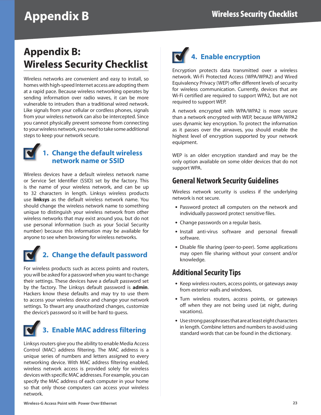 Linksys WAP2000 Appendix B Wireless Security Checklist, General Network Security Guidelines, Additional Security Tips 