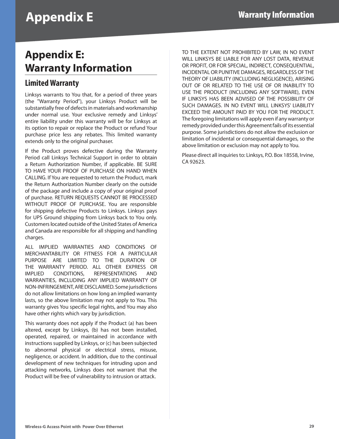 Linksys WAP2000 manual Appendix E, Warranty Information, Limited Warranty 