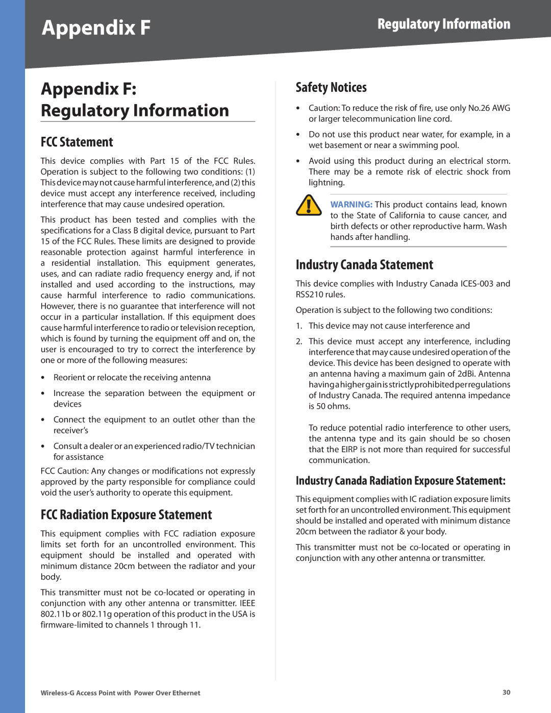 Linksys WAP2000 manual Appendix F, Regulatory Information 