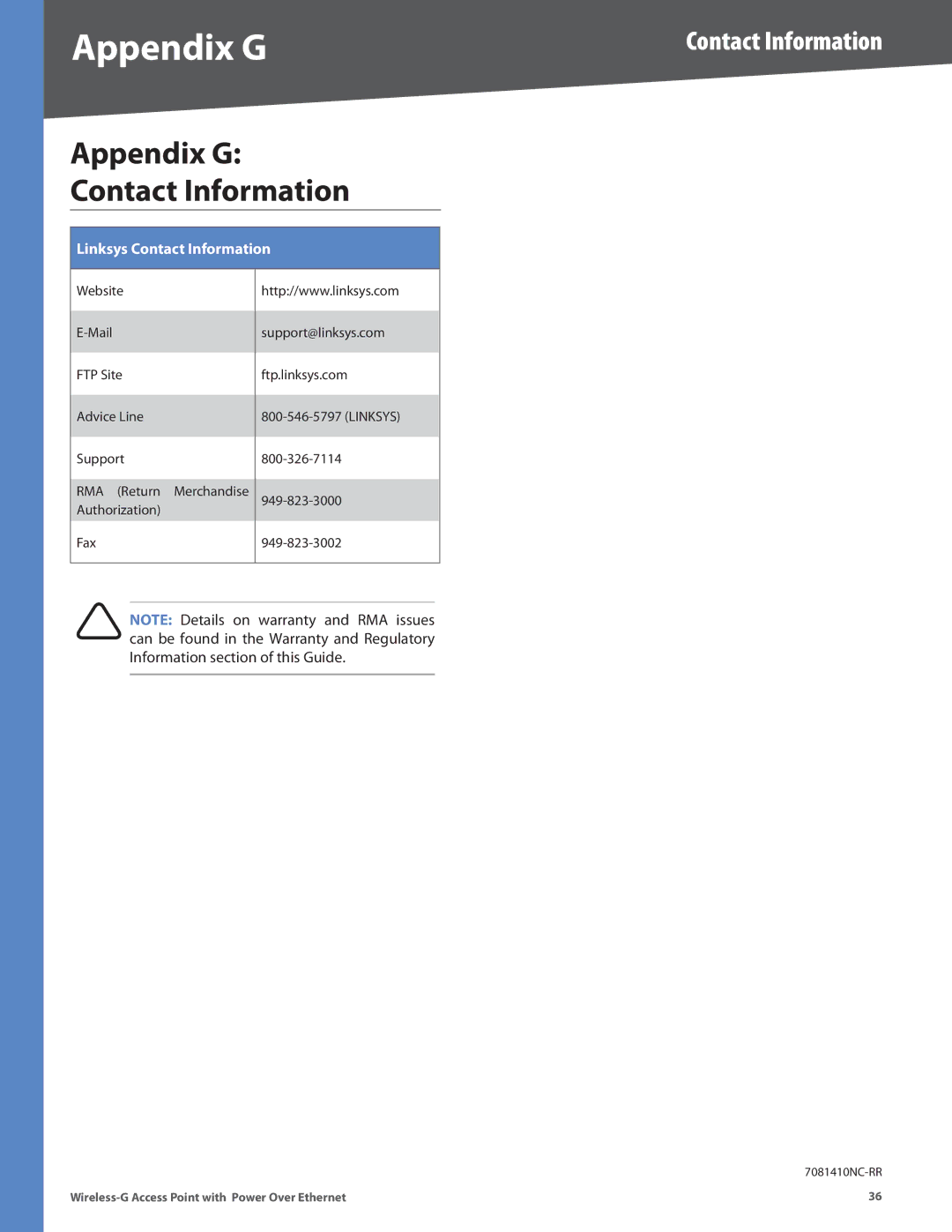 Linksys WAP2000 manual Appendix G, Contact Information 