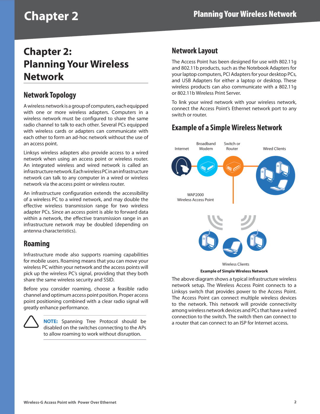 Linksys WAP2000 manual Chapter Planning Your Wireless Network, Network Topology, Roaming, Network Layout 