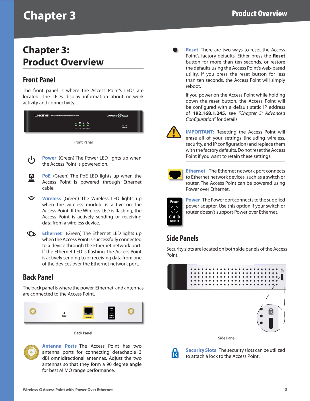 Linksys WAP2000 manual Chapter Product Overview, Front Panel, Back Panel, Side Panels 