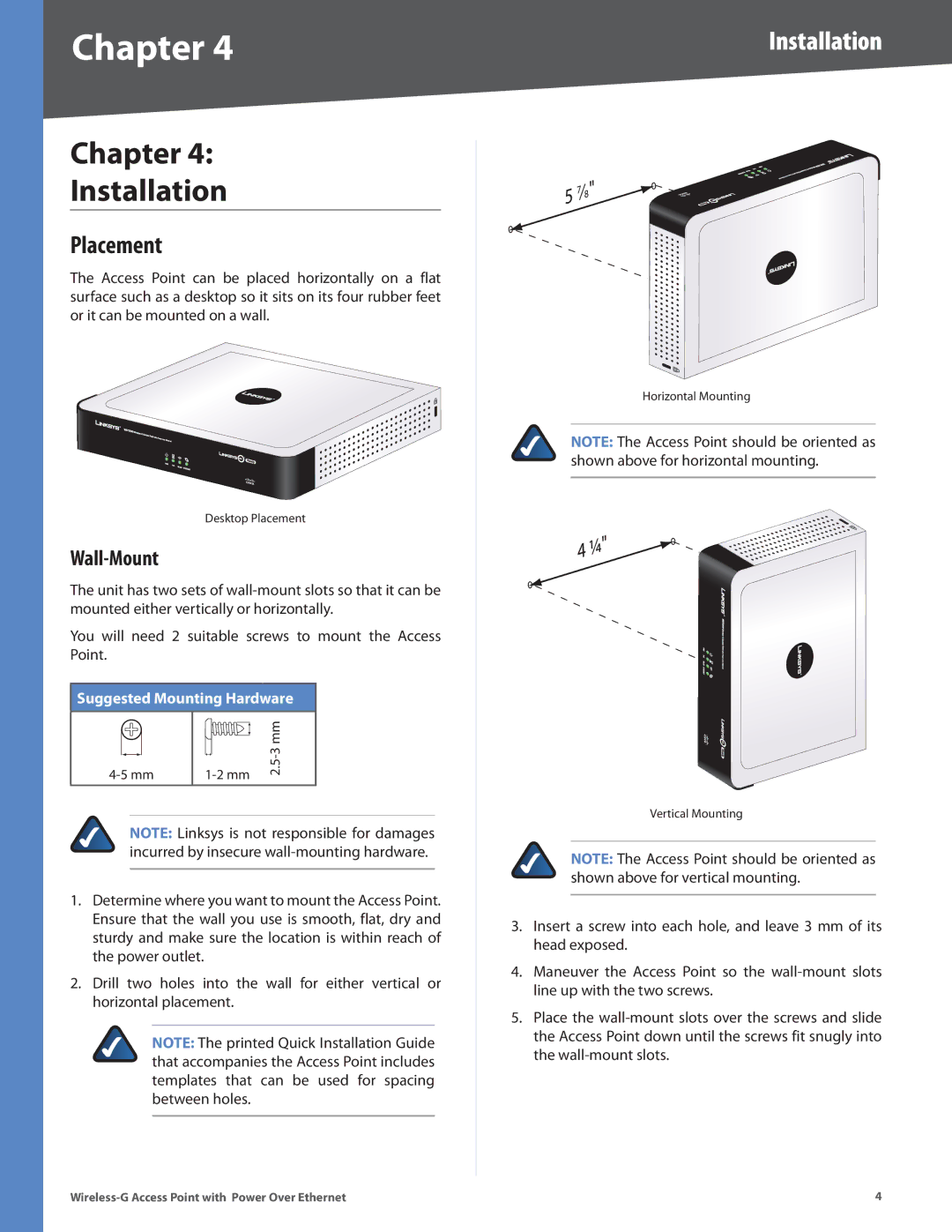 Linksys WAP2000 manual Chapter Installation, Placement, Wall-Mount 