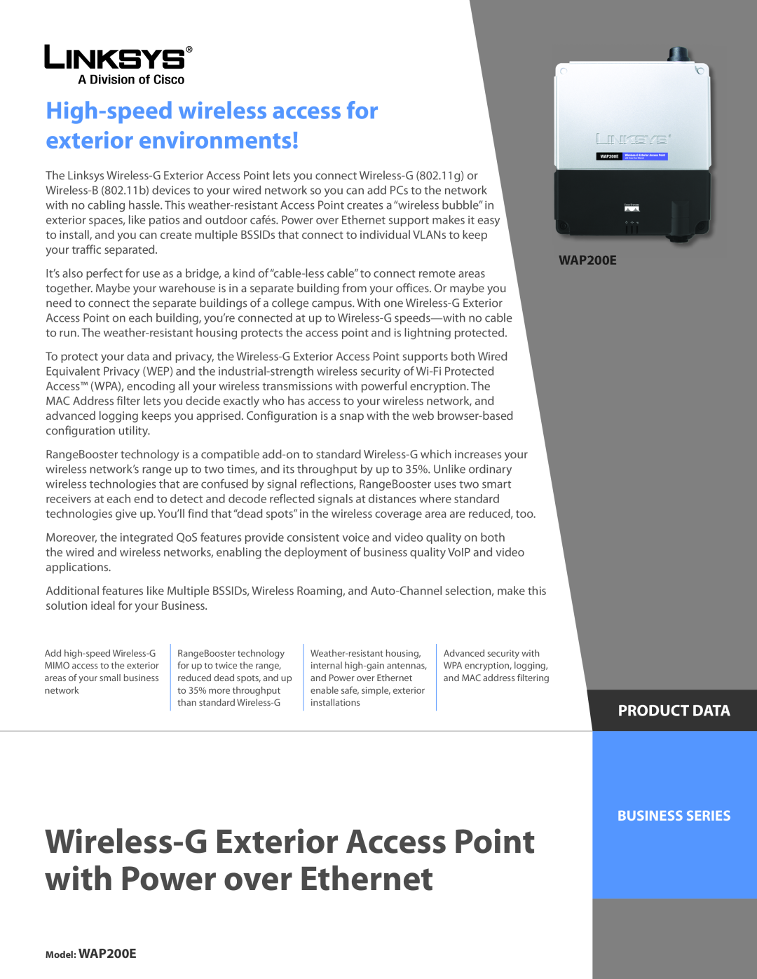 Linksys WAP200E manual Product Data, Business Series, Wireless-G Exterior Access Point with Power over Ethernet 