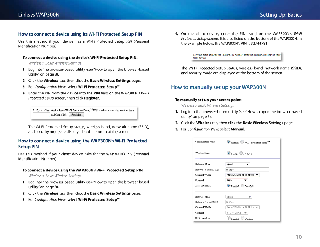 Linksys How to manually set up your WAP300N, Wireless Basic Wireless Settings, To manually set up your access point 