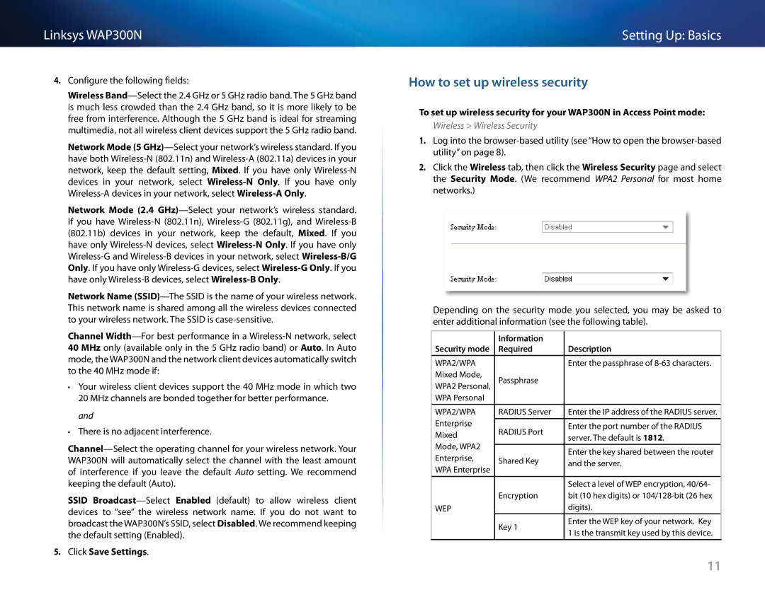 Linksys WAP300N manual How to set up wireless security, Click Save Settings, Wireless Wireless Security 