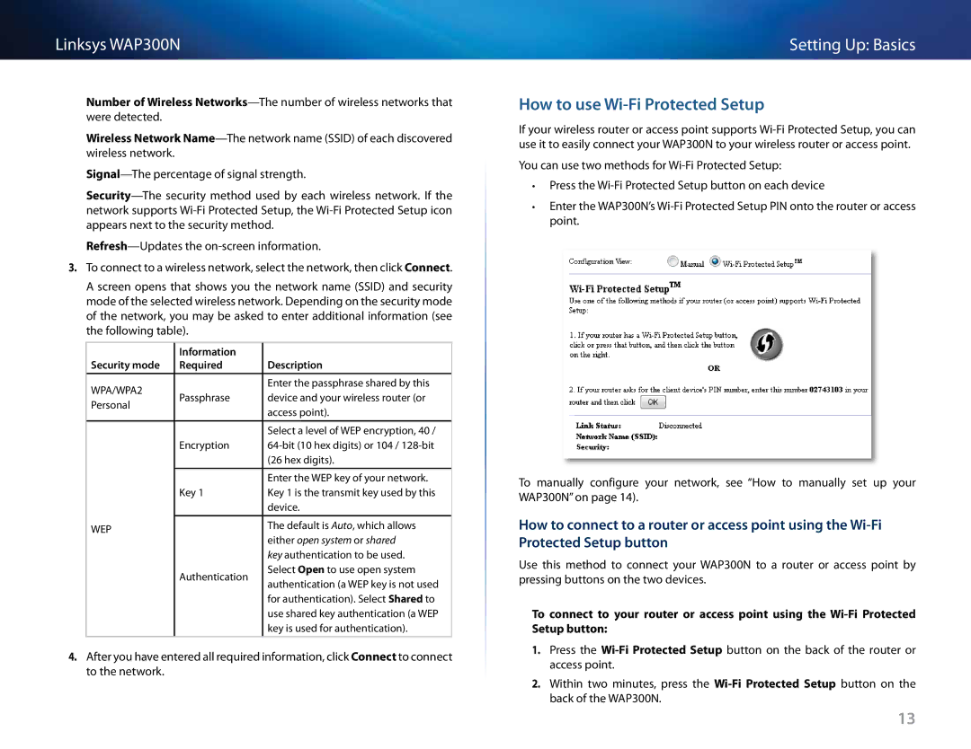 Linksys WAP300N manual Information Security mode Required Description 