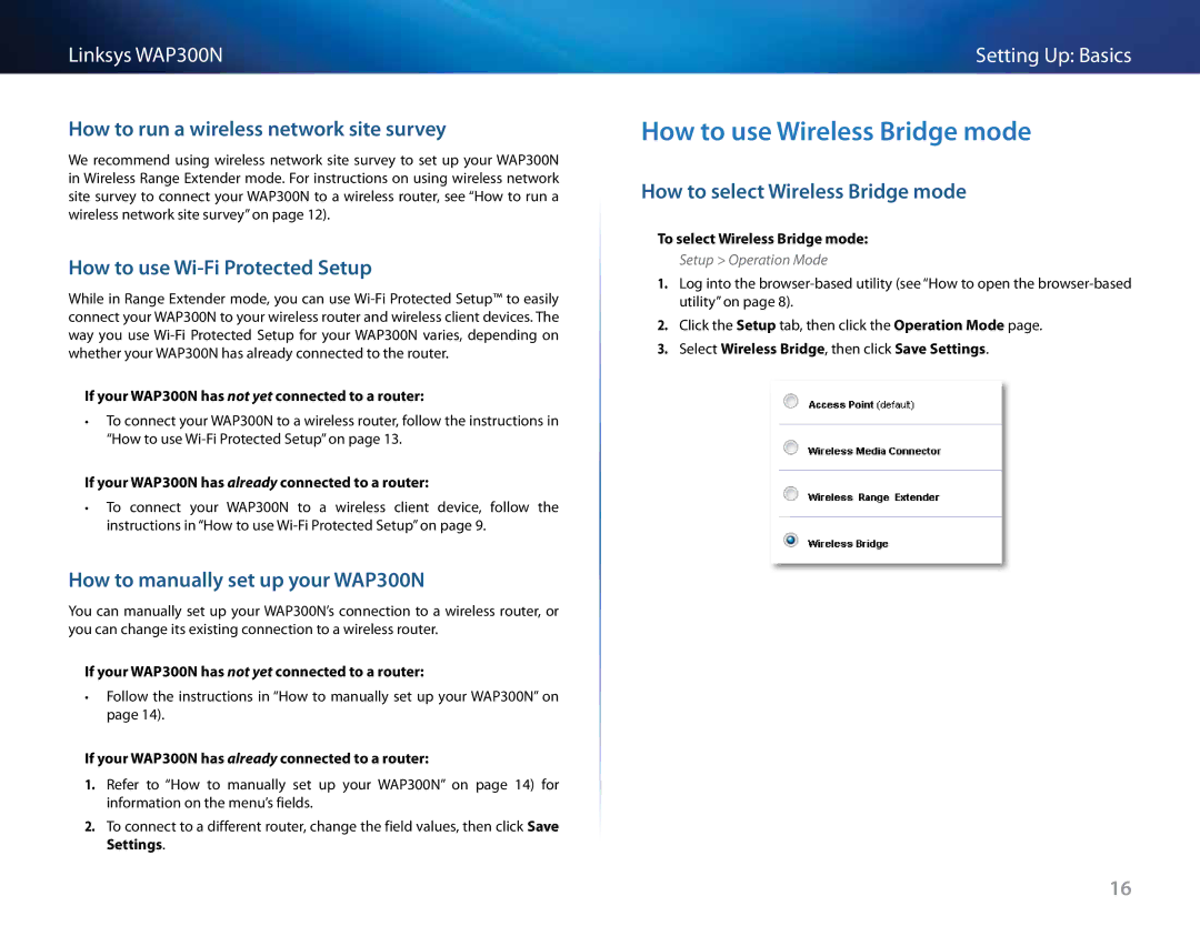 Linksys WAP300N manual How to use Wireless Bridge mode, How to select Wireless Bridge mode 