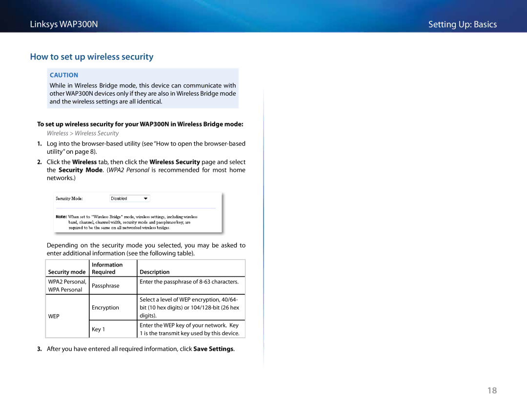 Linksys WAP300N manual How to set up wireless security 