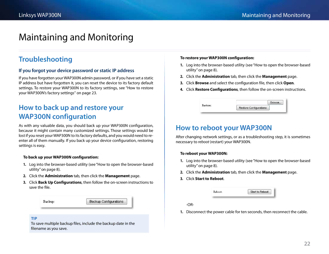 Linksys manual Maintaining and Monitoring, Troubleshooting, How to back up and restore your WAP300N configuration 