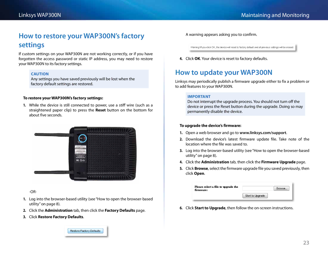 Linksys How to restore your WAP300N’s factory settings, How to update your WAP300N, Click Restore Factory Defaults 