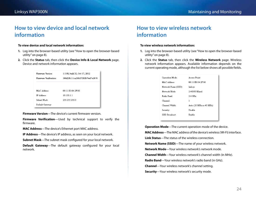 Linksys WAP300N manual How to view device and local network information, How to view wireless network information 