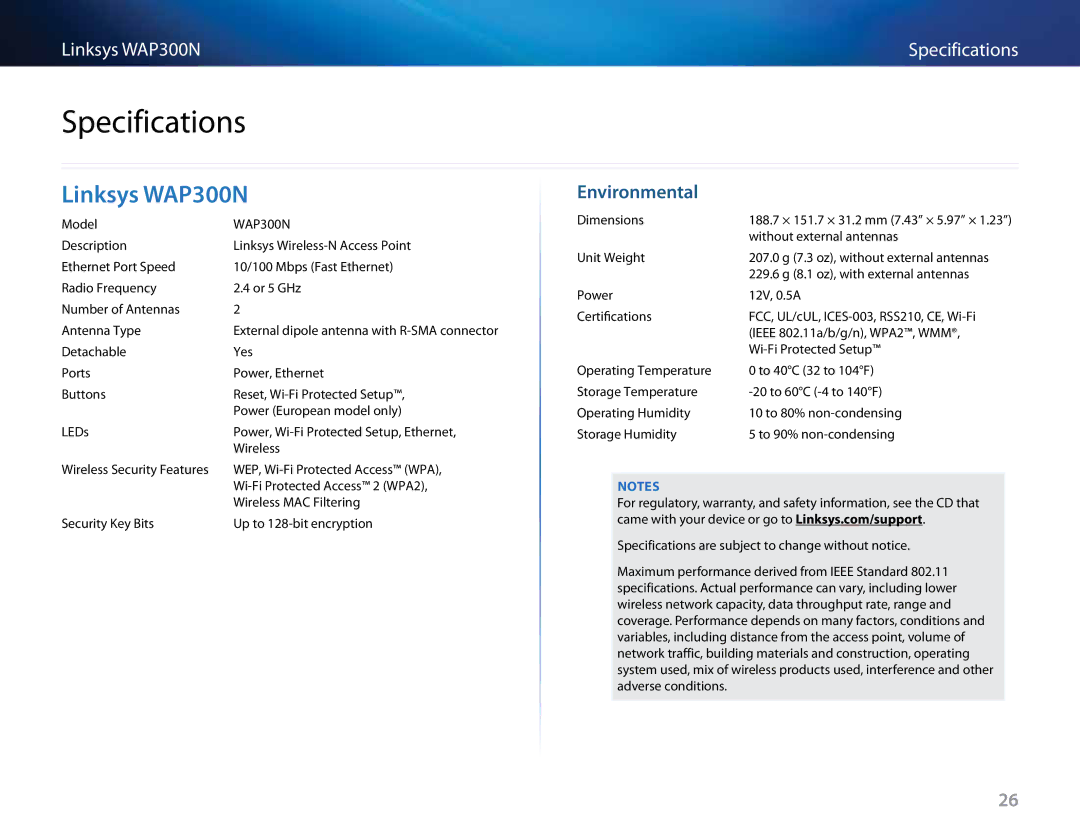 Linksys manual Specifications, Linksys WAP300N, Environmental 