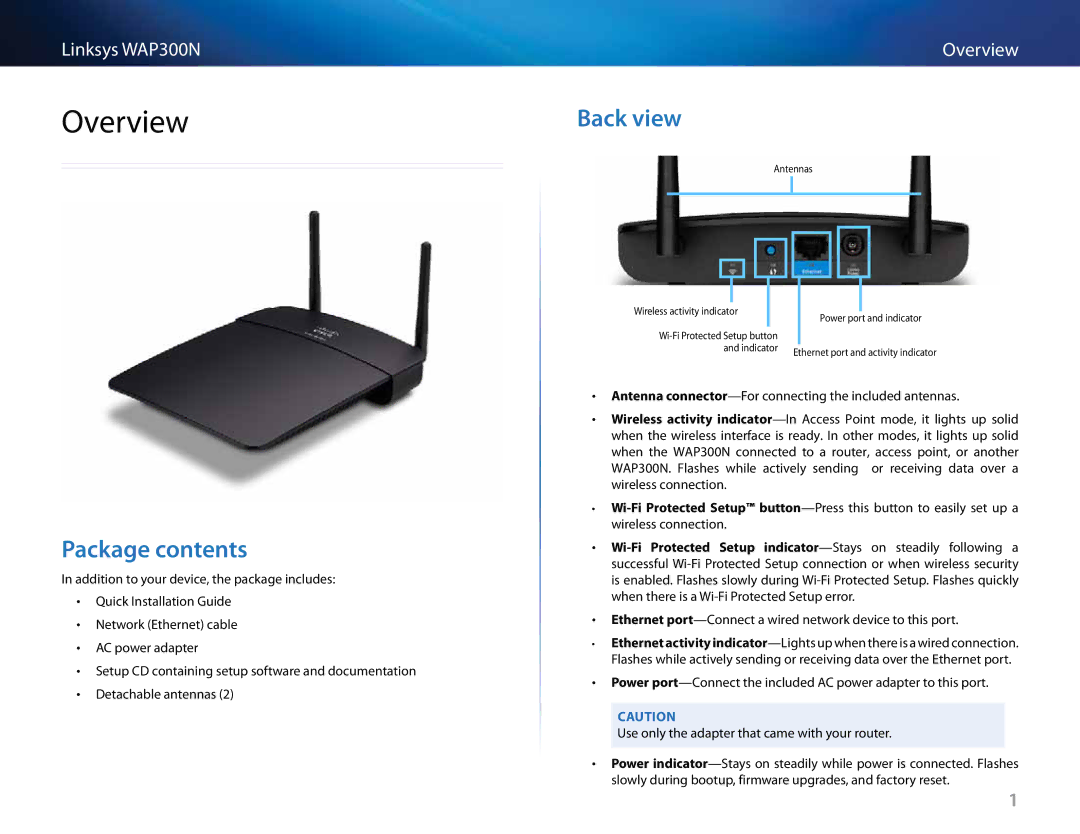 Linksys WAP300N manual Overview, Package contents, Back view 