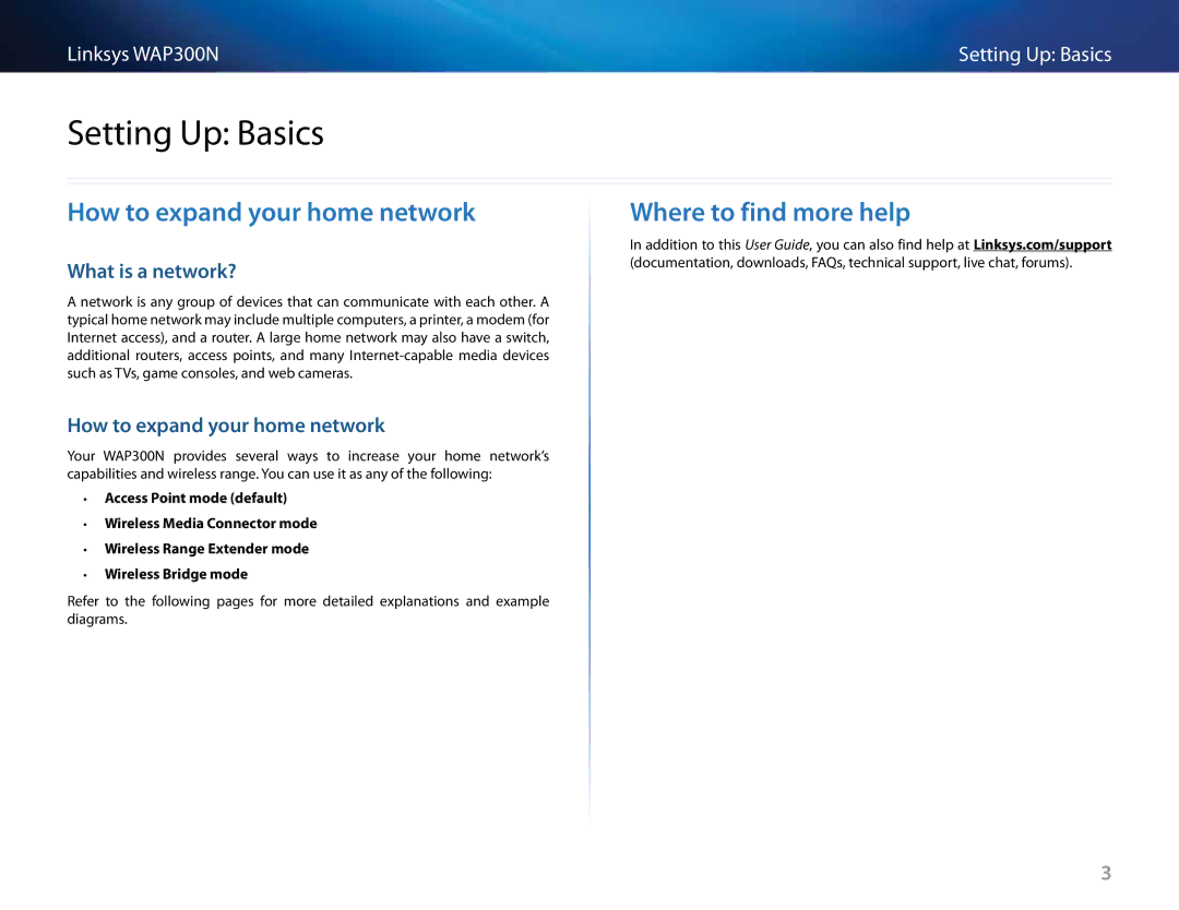 Linksys WAP300N manual Setting Up Basics, How to expand your home network, Where to find more help, What is a network? 