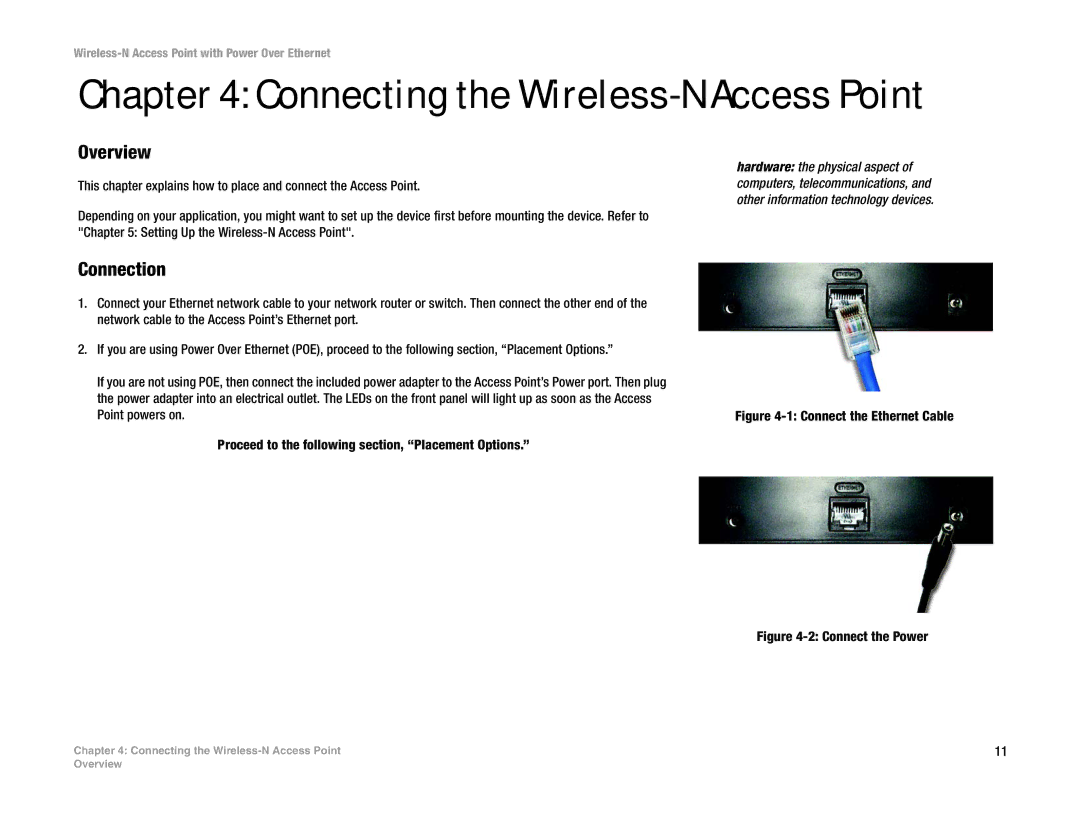 Linksys WAP4400N manual Connecting the Wireless-N Access Point, Overview, Connection 