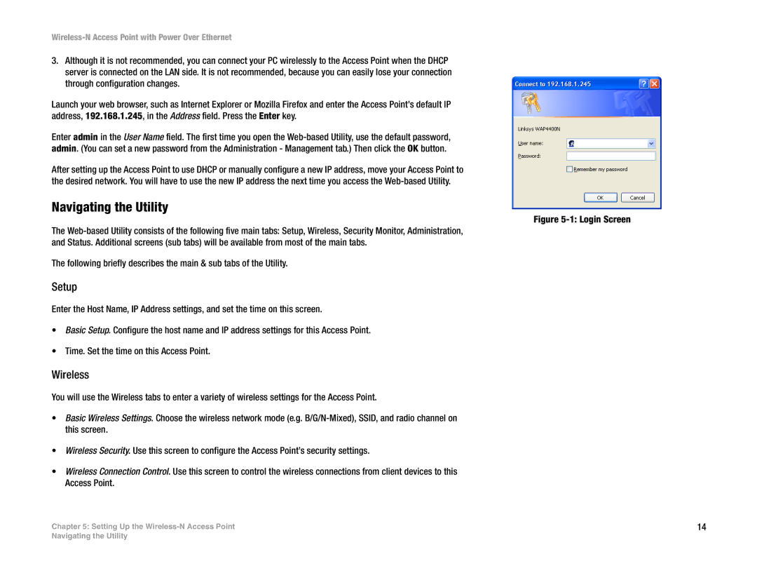 Linksys WAP4400N manual Navigating the Utility, Setup, Wireless 