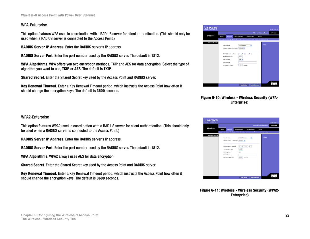 Linksys WAP4400N manual WPA-Enterprise, WPA2-Enterprise 