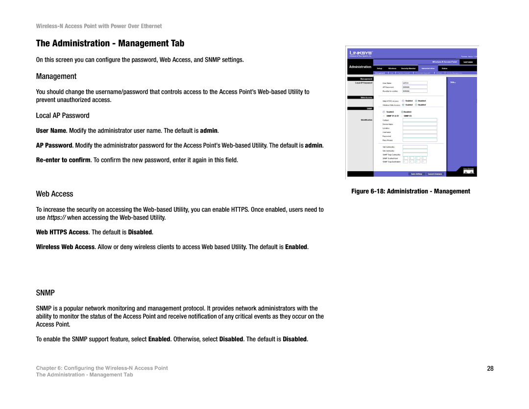 Linksys WAP4400N manual Administration Management Tab, Web Access, Local AP Password 