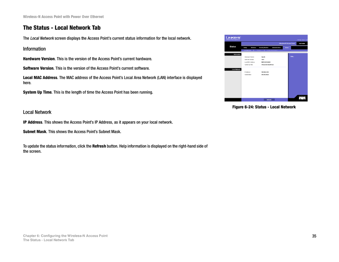 Linksys WAP4400N manual Status Local Network Tab, Information 