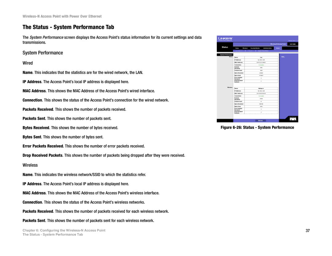 Linksys WAP4400N manual Status System Performance Tab, Wired, Wireless 