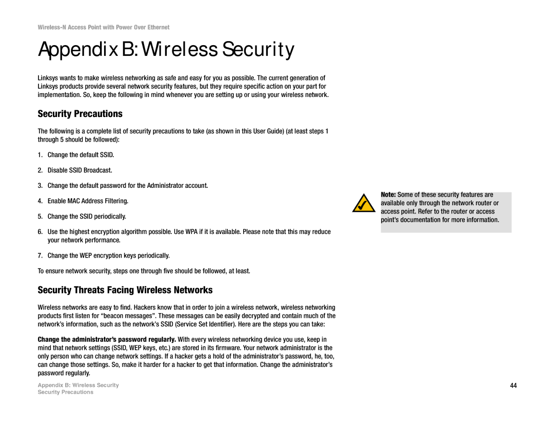 Linksys WAP4400N manual Appendix B Wireless Security, Security Precautions, Security Threats Facing Wireless Networks 