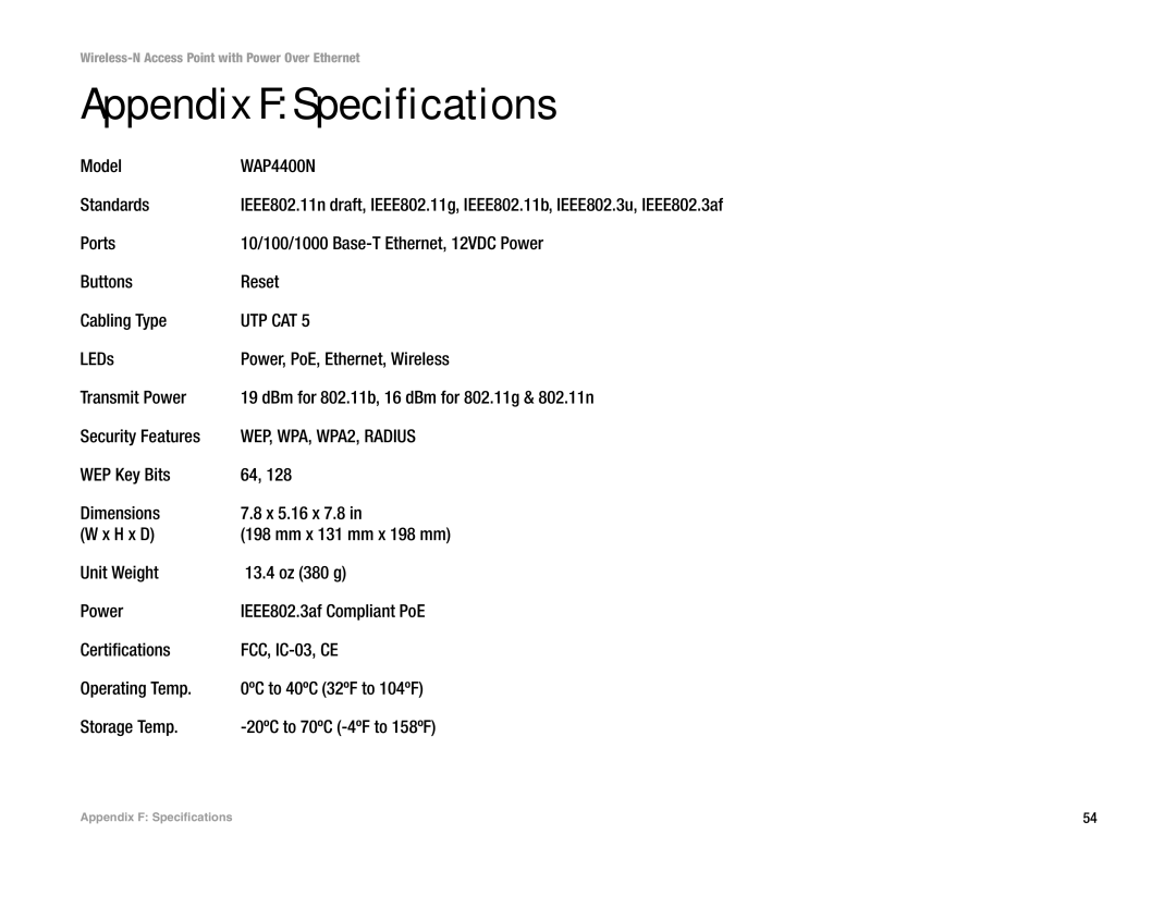 Linksys manual Appendix F Specifications, Model WAP4400N Standards 