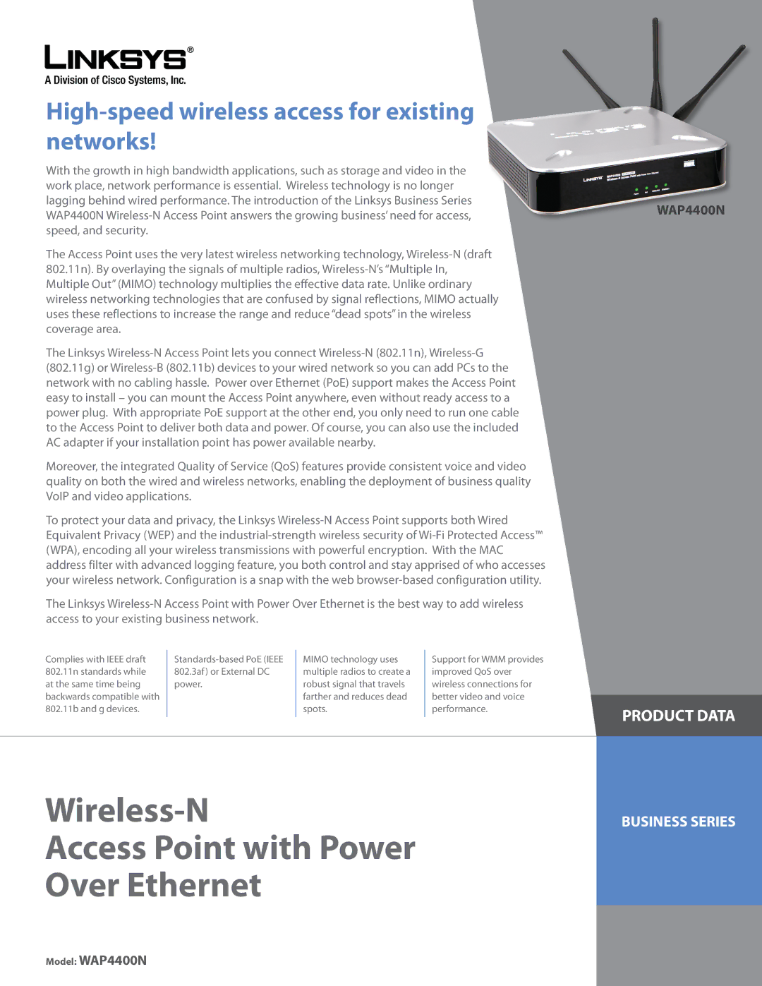 Linksys WAP4400N manual Wireless-N Access Point with Power Over Ethernet 