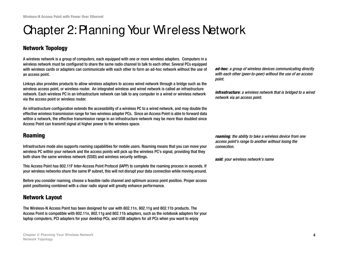 Linksys WAP4400N manual Planning Your Wireless Network, Network Topology, Roaming, Network Layout 