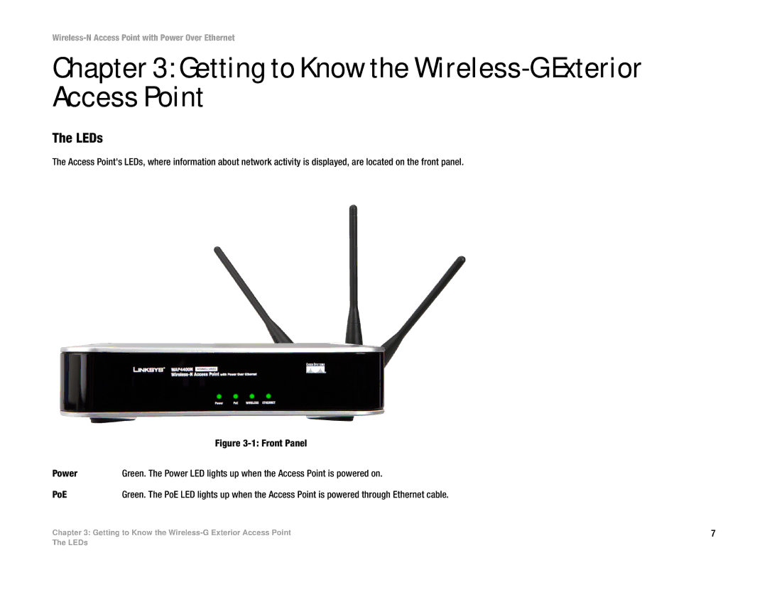 Linksys WAP4400N manual Getting to Know the Wireless-G Exterior Access Point, LEDs 