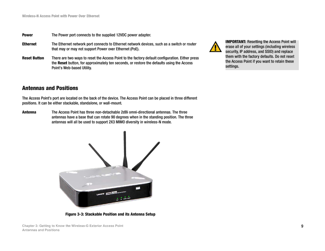 Linksys WAP4400N manual Antennas and Positions, Reset Button 