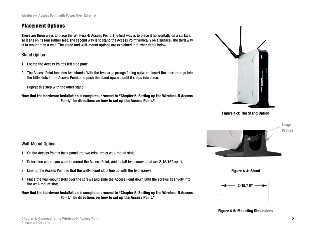 Linksys WAP4400N manual Placement Options, Stand Option, Wall-Mount Option 