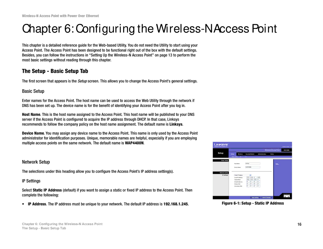 Linksys WAP4400N manual Configuring the Wireless-N Access Point, Setup Basic Setup Tab, Network Setup, IP Settings 