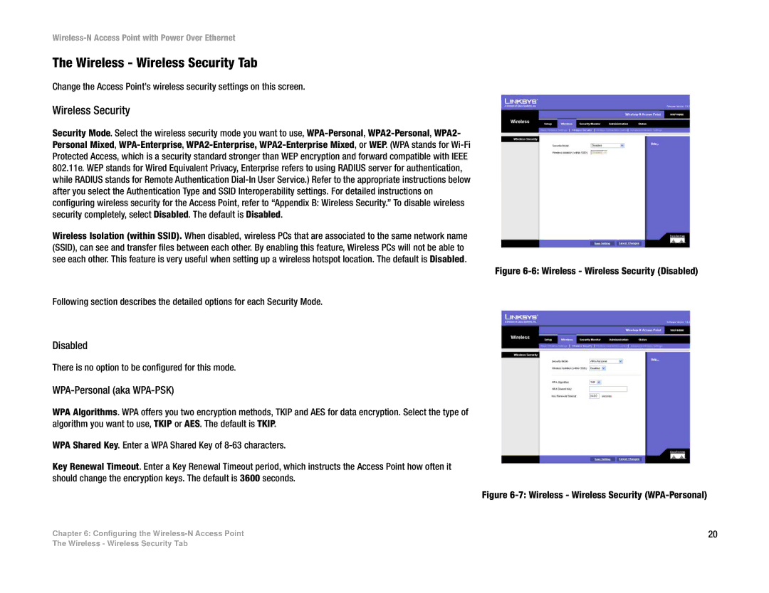 Linksys WAP4400N manual Wireless Wireless Security Tab, Disabled, WPA-Personal aka WPA-PSK 