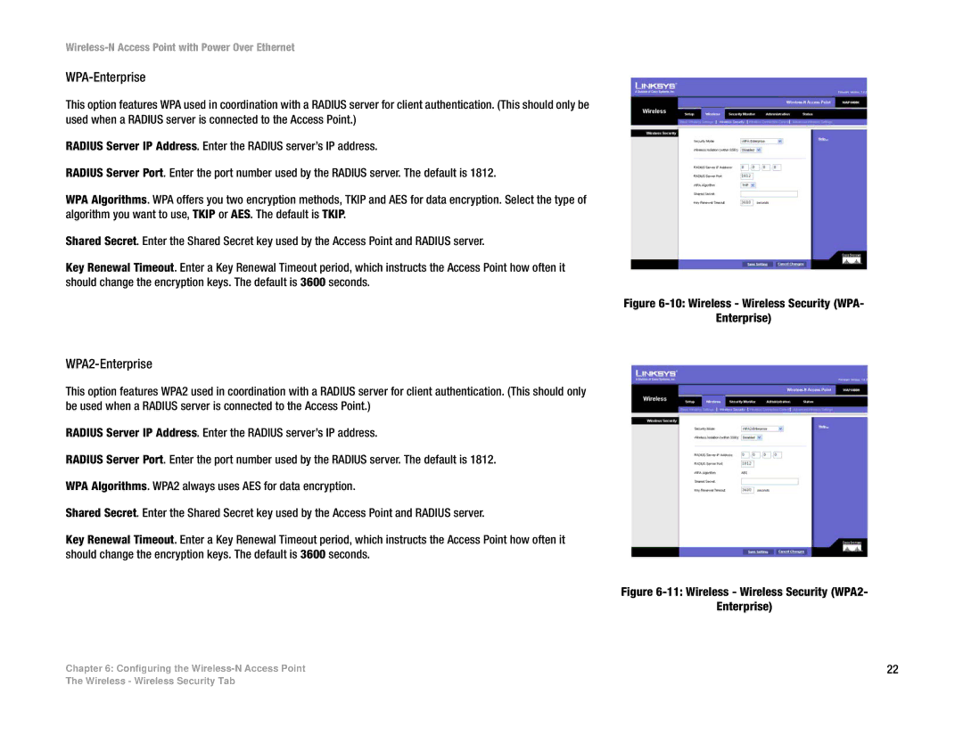Linksys WAP4400N manual WPA-Enterprise, WPA2-Enterprise 
