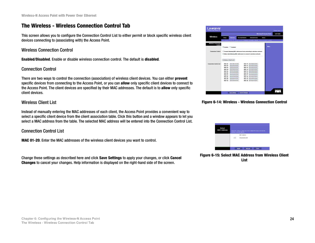 Linksys WAP4400N manual Wireless Wireless Connection Control Tab, Wireless Client List, Connection Control List 