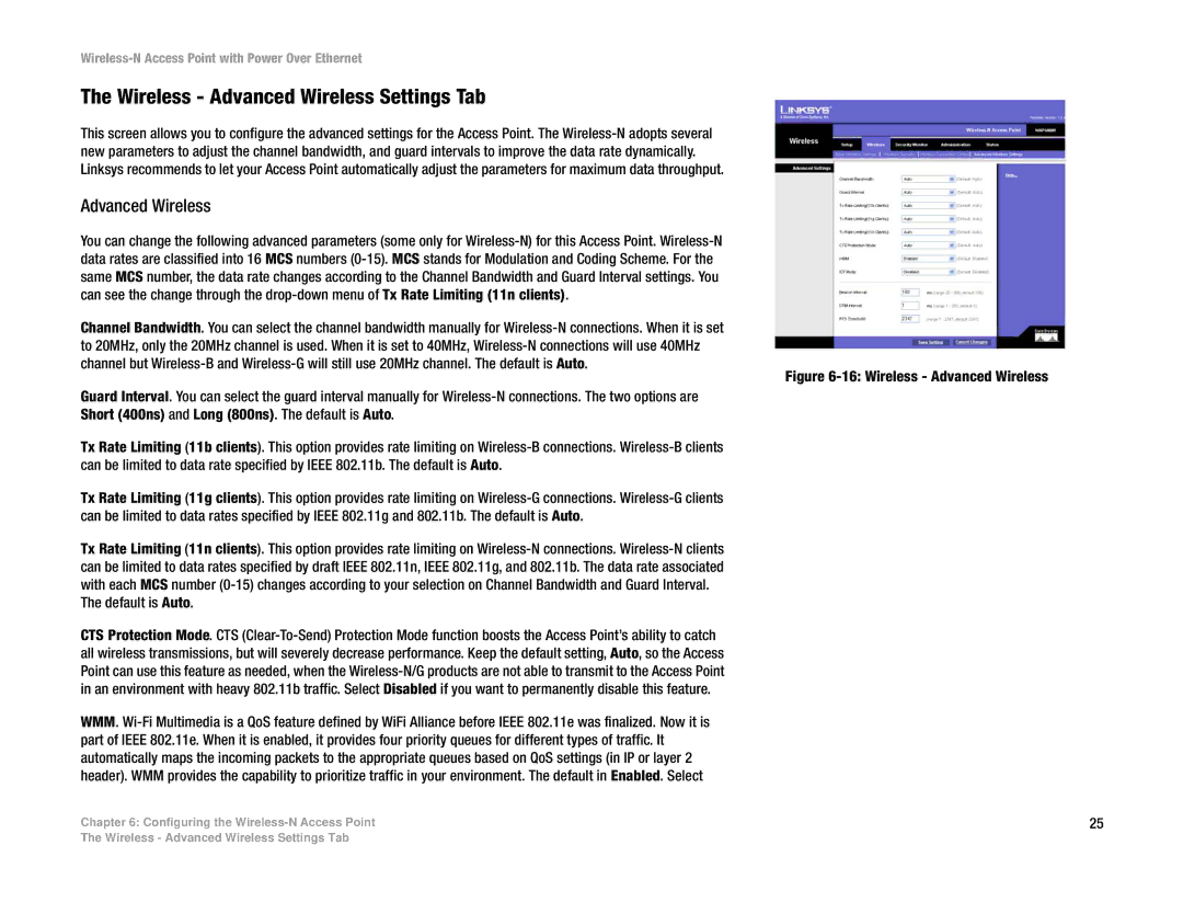 Linksys WAP4400N manual Wireless Advanced Wireless Settings Tab 