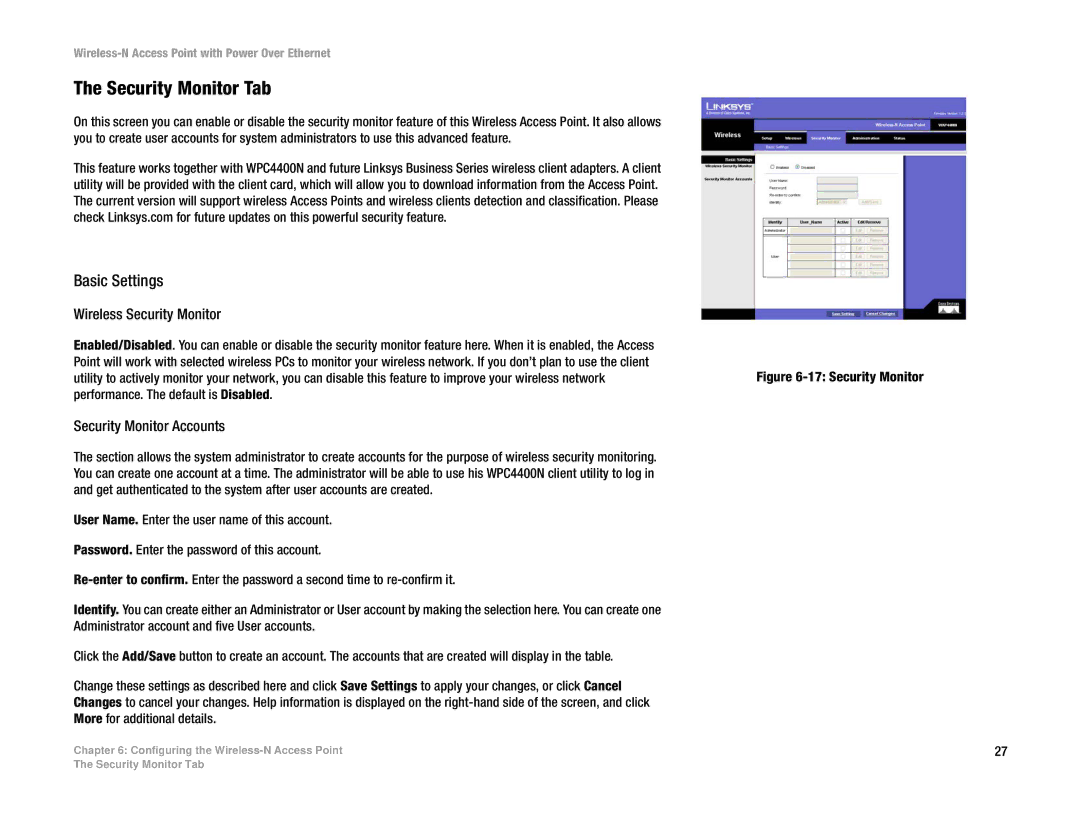 Linksys WAP4400N manual Security Monitor Tab, Wireless Security Monitor, Security Monitor Accounts 