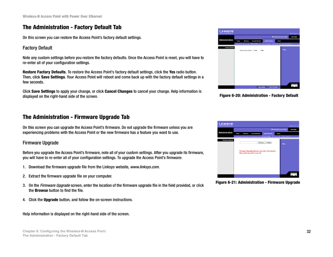 Linksys WAP4400N manual Administration Factory Default Tab, Administration Firmware Upgrade Tab 