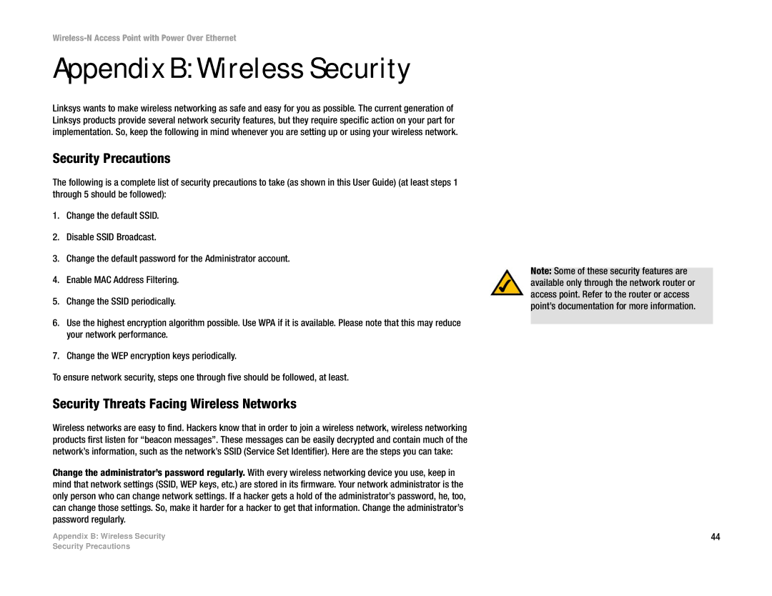 Linksys WAP4400N manual Appendix B Wireless Security, Security Precautions, Security Threats Facing Wireless Networks 