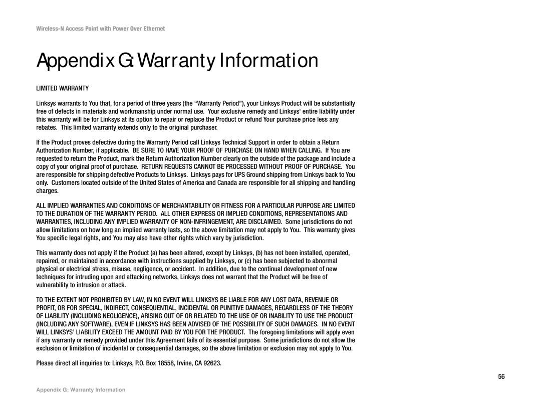 Linksys WAP4400N manual Appendix G Warranty Information, Limited Warranty 