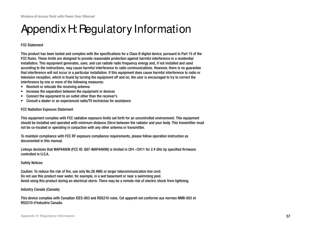 Linksys WAP4400N manual Appendix H Regulatory Information, FCC Statement 