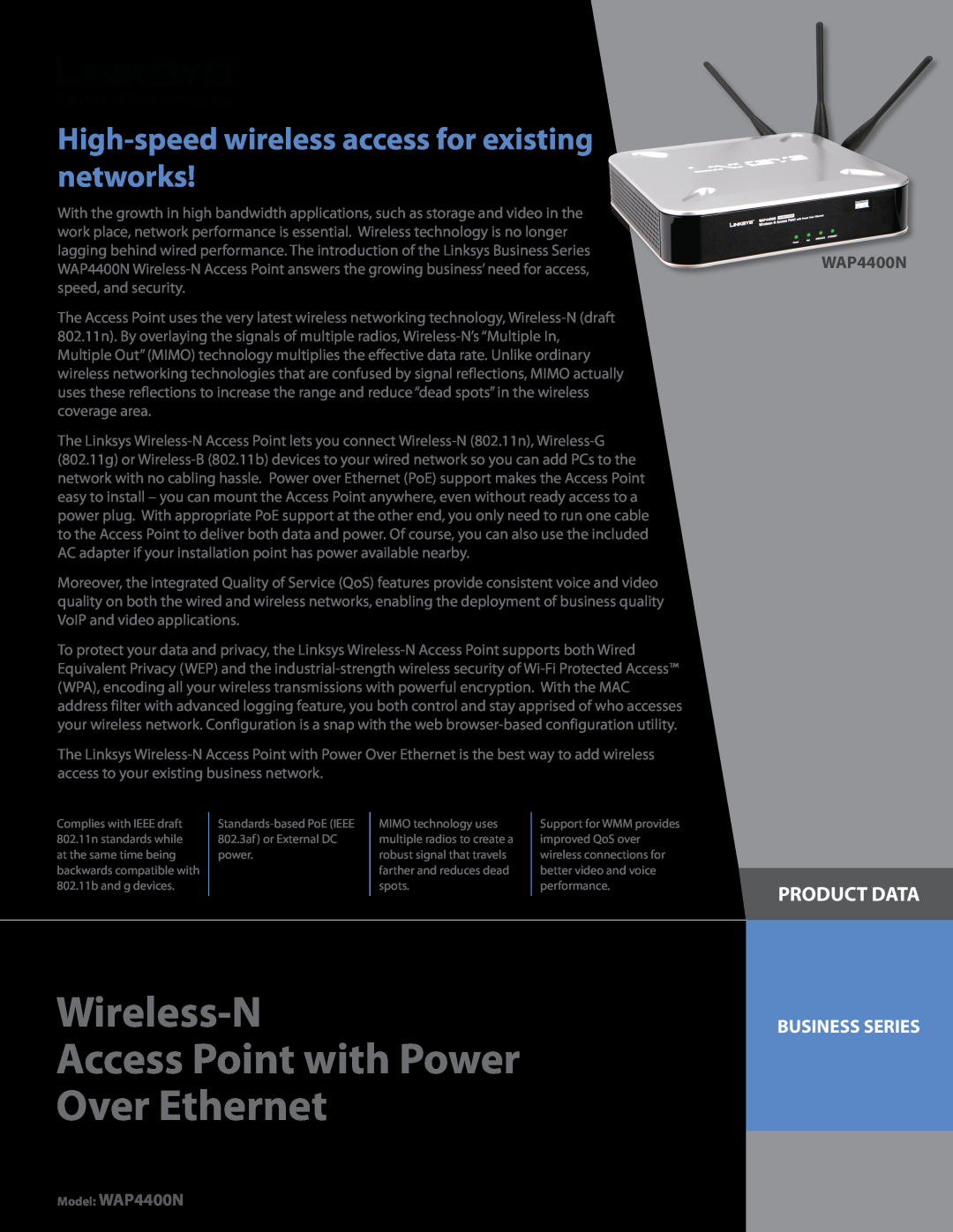 Linksys manual Product Data, Business Series, Wireless-N Access Point with Power Over Ethernet, Model WAP4400N 