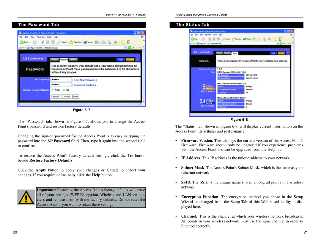 Linksys WAP51AB manual Password Tab, Status Tab 