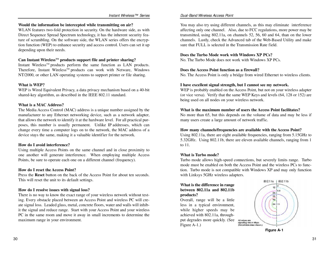 Linksys WAP51AB manual What is WEP?, What is a MAC Address?, How do I avoid interference?, How do I reset the Access Point? 