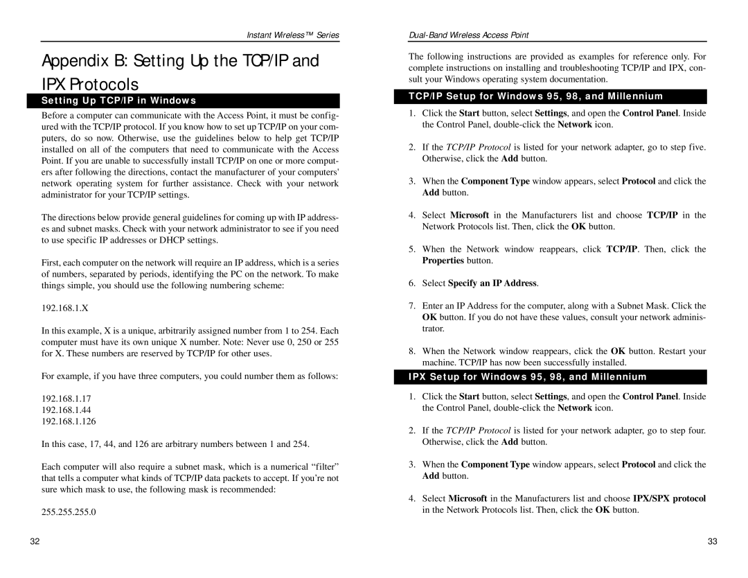 Linksys WAP51AB manual Setting Up TCP/IP in Windows, TCP/IP Setup for Windows 95, 98, and Millennium 