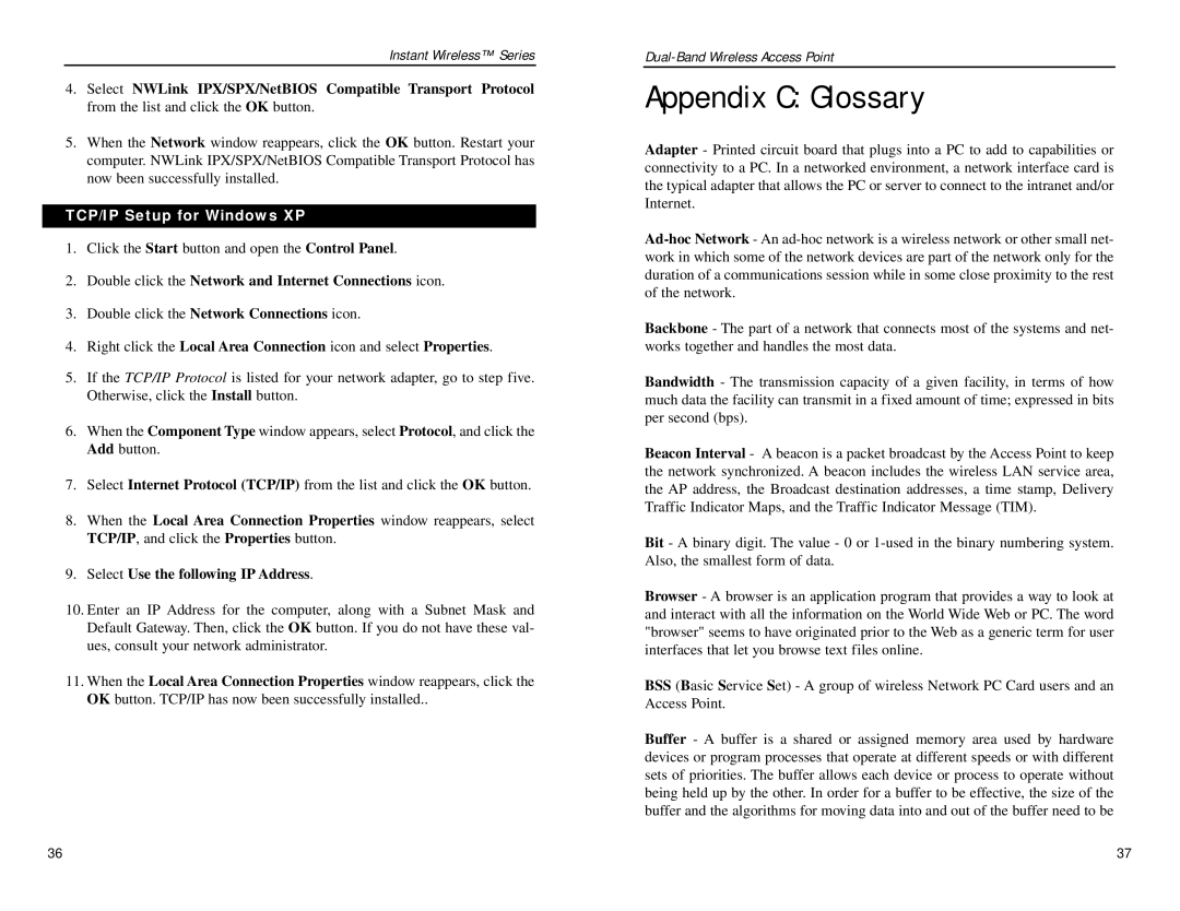 Linksys WAP51AB Appendix C Glossary, TCP/IP Setup for Windows XP, Double click the Network and Internet Connections icon 