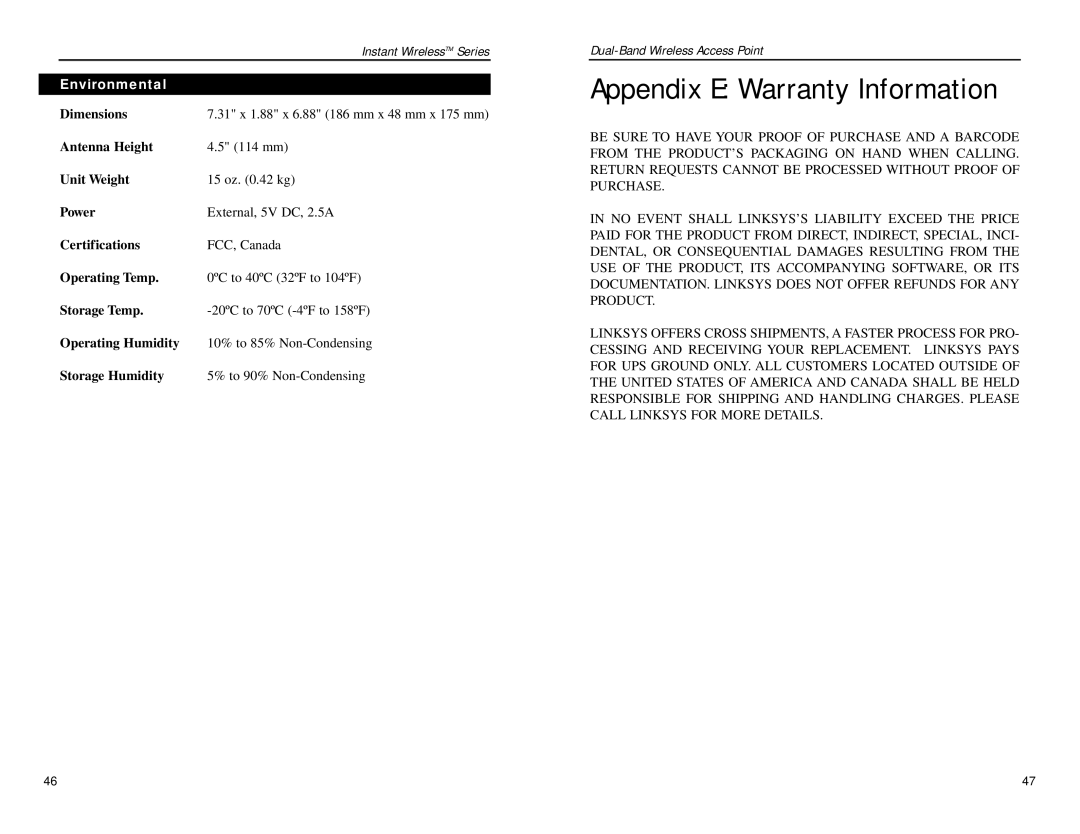 Linksys WAP51AB manual Appendix E Warranty Information, Environmental 